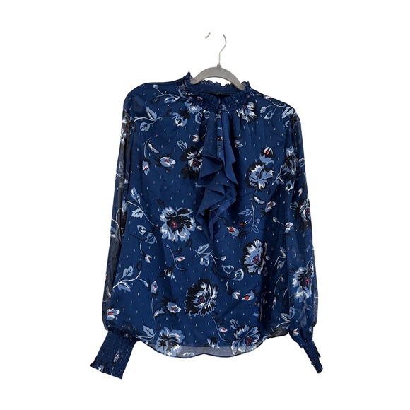White House Black Market Tops - White House Black Market Blouse Blue Floral Ruffle Neck Metallic Silk Feel 12